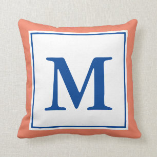 Simple Salmon and Deep Blue Monogrammed Cushion