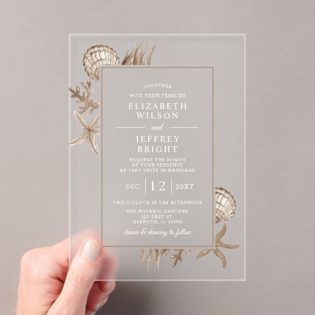 Simple Sandy Seashells Beach Wedding Acrylic Invitations (Insitu (Handheld))