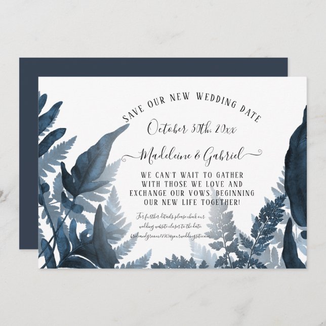 Simple Save Our New Date Navy Greenery Wedding Invitation (Front/Back)