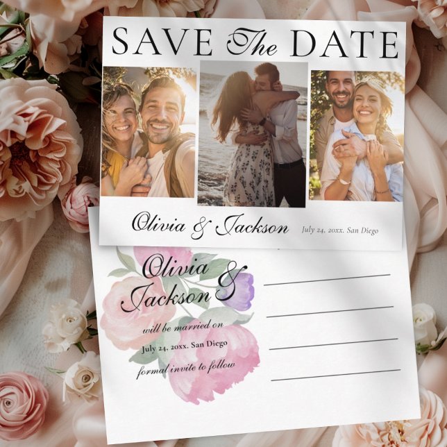 Simple Save the Date 3 Photo & Floral Wedding Announcement Postcard (Creator Uploaded)