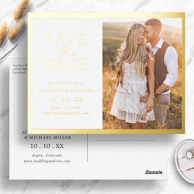 Simple Save The Date Foil Invitation Postcard (Simple Gold Border Save The Date Foil Invitation Postcard by Painted Paperie
)