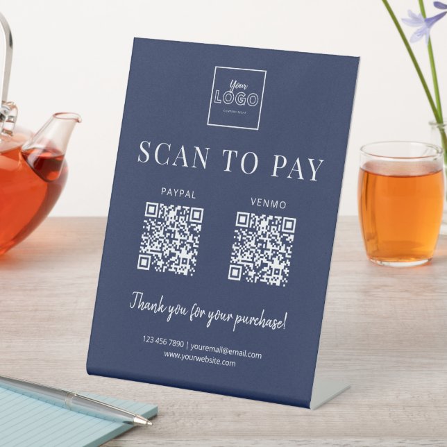 Simple Scan to Pay Logo QR Code Payment Navy Blue Pedestal Sign (In SItu)