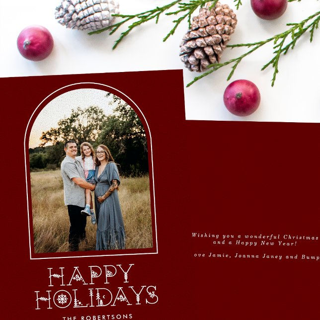 Simple Scandi Arch Photo Happy Holidays Red Holiday Card (Creator Uploaded)