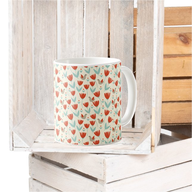 Simple Scandinavian Flowers and Birds Pattern Coffee Mug (Creator Uploaded)