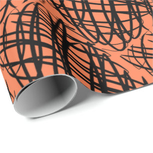 Simple Scribble   Black   Angled   Coral   Wrapping Paper