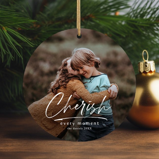 Simple Script 2 Photo Christmas Holiday Ceramic Ornament (Simple script cherish every moment 2 photo christmas tree holiday ornament.)