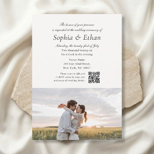 Simple Script 2 Photo QR Code Off White Wedding Invitation