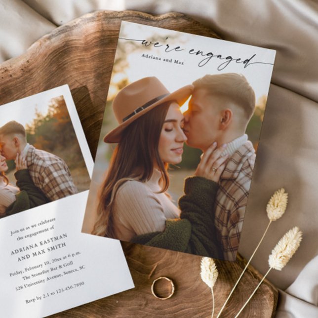 Simple Script 2 Photo Wedding Engagement Invitation (Elegant Handwritten Script 2 Photo Engagement Photo Announcement Invitation.)