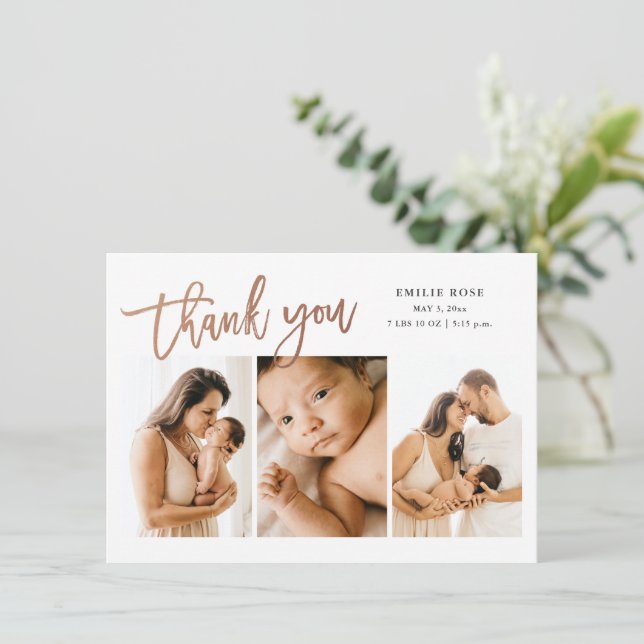 Simple Script 3 Photo Baby Birth Thank You Card (Standing Front)