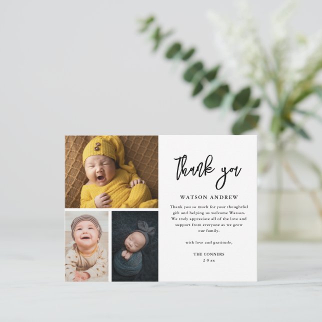Simple Script 3 Photo Collage Baby Thank You Holiday Postcard (Standing Front)