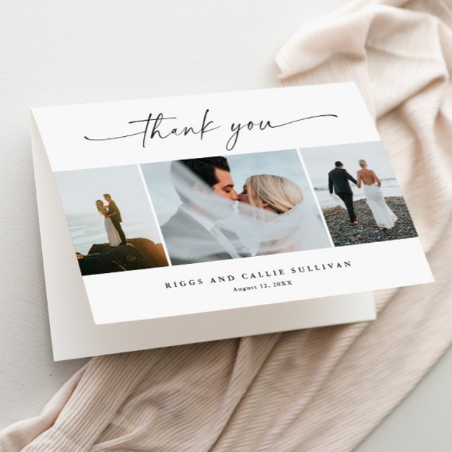Simple Script 3  Photo Wedding  Thank You Card (3 Photo Collage Folded Wedding Thank You Card.)