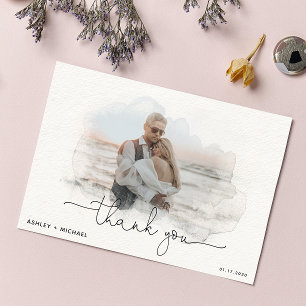 Simple Script 4 Photo Watercolor Wedding Thank You Card