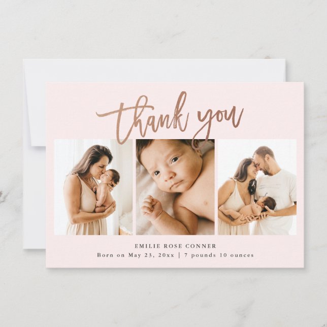 Simple Script Baby 3 Photo Birth Stat Thank You Card (Front)