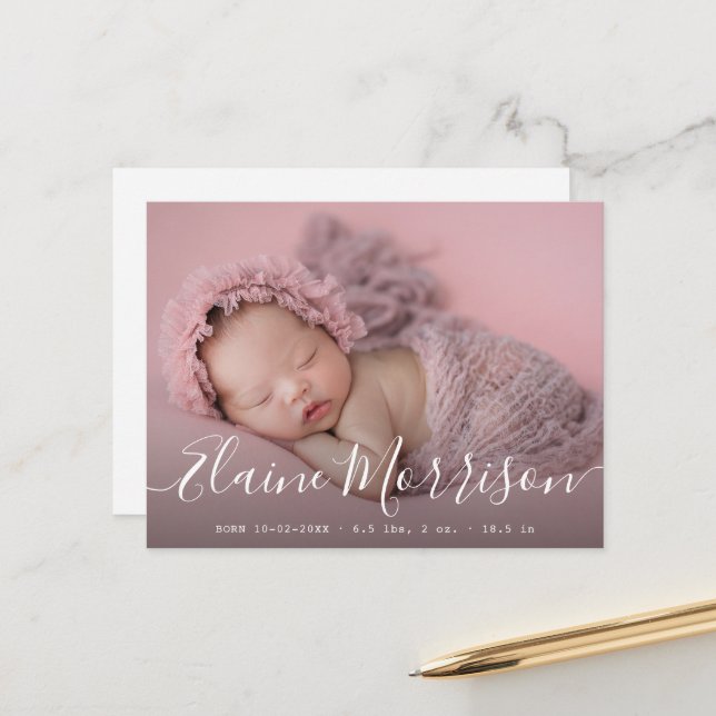 simple script baby birth announcement card (Front/Back In Situ)