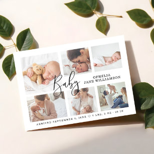 Simple Script Baby Birth Photo Collage White Magnetic Invitation