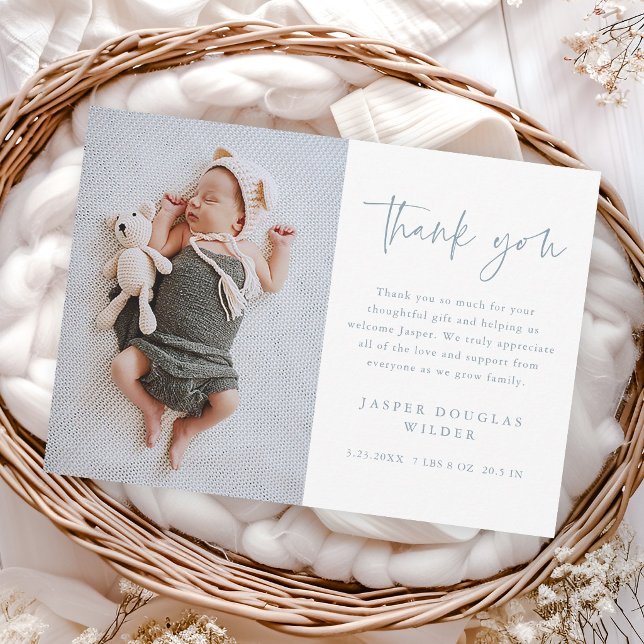 Simple Script Baby Photo Thank You Card (Simple modern script dusty blue baby photo thank you cards.)