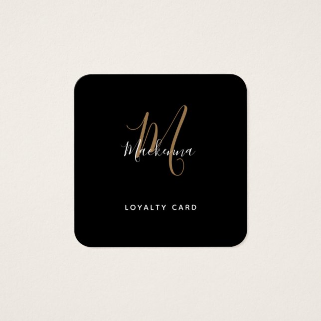 Simple Script Black and Gold Monogram Loyalty Card (Front)