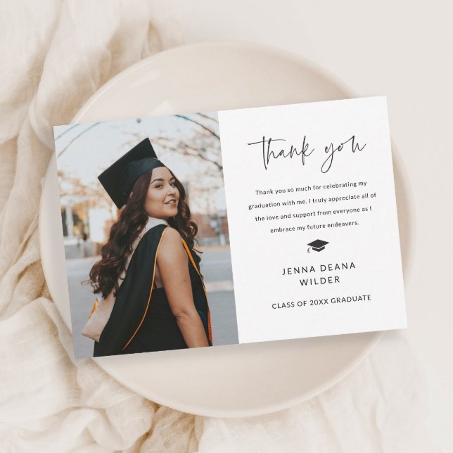 Simple Script Black and White Graduation Thank You Card (Simple modern black and white graduation photo thank you card.)