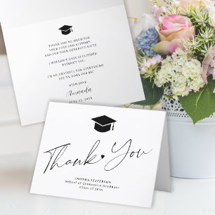 Simple script black and white graduation thank you card