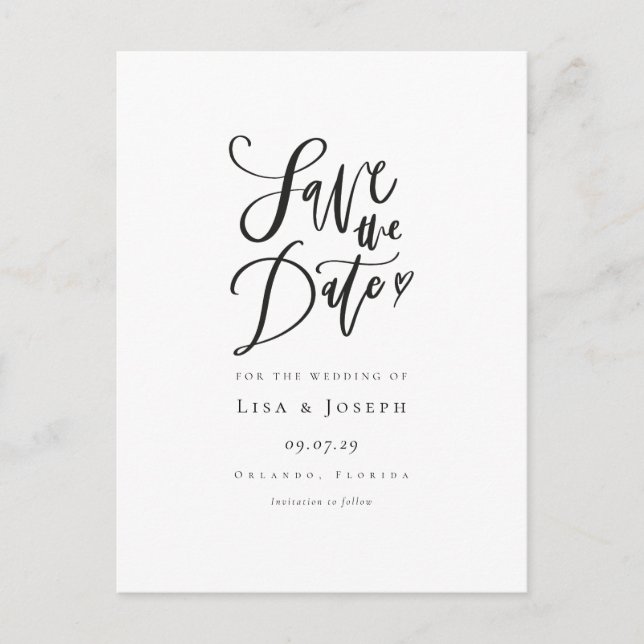 Simple Script Black and White Save the Date Postcard (Front)