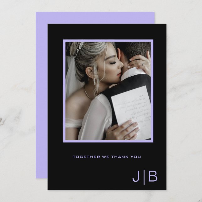 Simple script black & lavender monogram photo  thank you card (Front/Back)