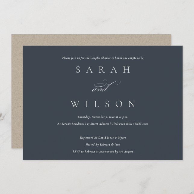 Simple Script Black Navy Couples Shower Invite (Front/Back)