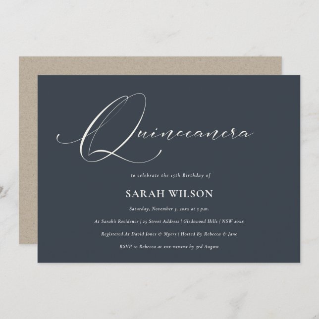 Simple Script Black Navy White Quinceañera Invite (Front/Back)