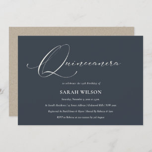 Simple Script Black Navy White Quinceañera Invite