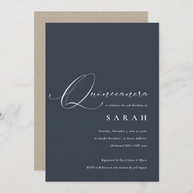 Simple Script Black Navy White Quinceañera  Invite (Front/Back)