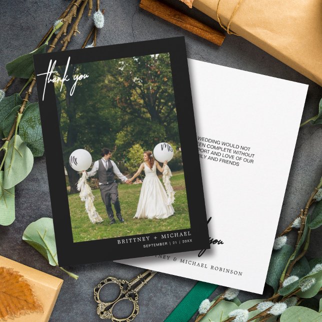 Simple Script Black Photo Modern Thank You Card (Modern elegant hand written wedding thank you card for the minimalistic bride.)