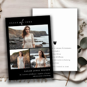 Simple Script Black & White 3 Photo Graduation Announcement