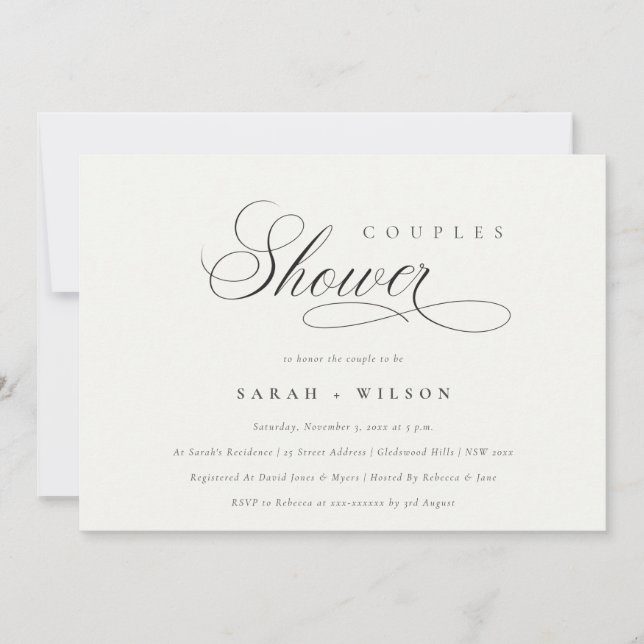 Simple Script Black White Couples Shower Invite (Front)