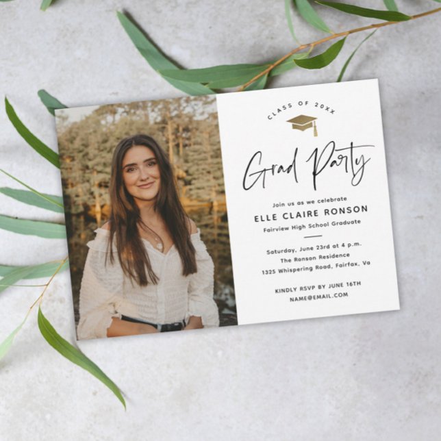 Simple Script Black & White Photo Graduation Party Invitation (Modern script black and white photo graduation party invitation.)
