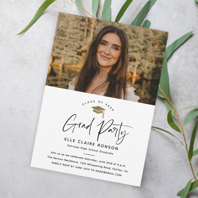 Simple Script Black & White Photo Graduation Party Invitation (Creator Uploaded)