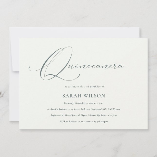 Simple Script Black White Quinceañera Invite (Front)