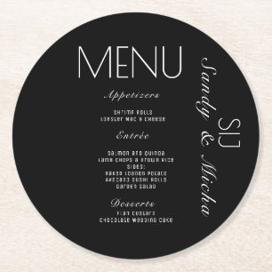 Simple Script  Black White Wedding Dinner Menu   Round Paper Coaster