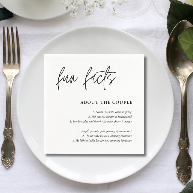 Simple Script Black White Wedding Fun Facts Napkin (Creator Uploaded)