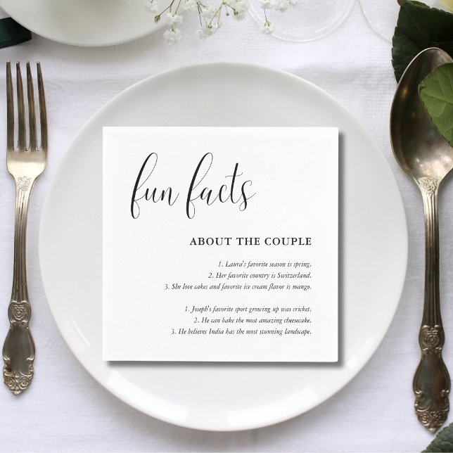 Simple Script Black White Wedding Fun Facts Napkin (Simple script black white wedding fun facts napkins add charm and spark guest conversations)