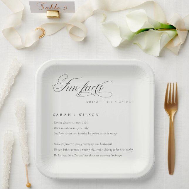Simple Script Black White Wedding Fun Facts Paper Plate (Wedding)