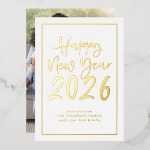 Simple Script Border Happy New Year 2026 Photo Foil Holiday Card