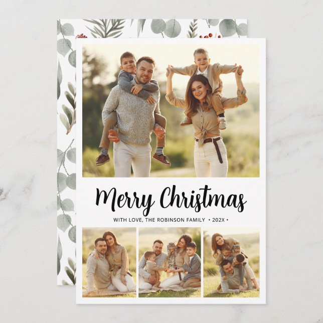 Simple Script Botanical 4 Multi Photo Christmas Holiday Card (Front/Back)