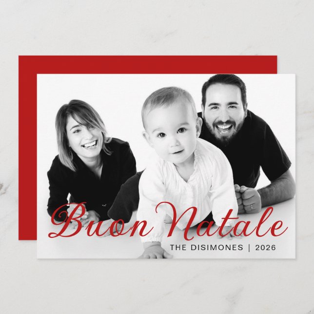 Simple Script Buon Natale Family Photo Red Holiday (Front/Back)