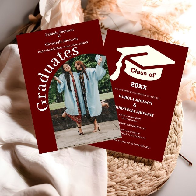 Simple script  burgundy double graduation announcement (Creator Uploaded)