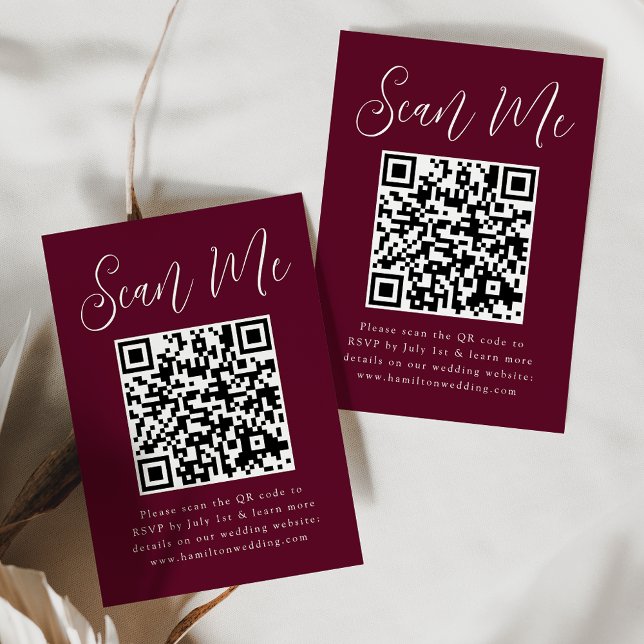 Simple Script Burgundy QR Code Wedding RSVP Enclosure Card (Creator Uploaded)