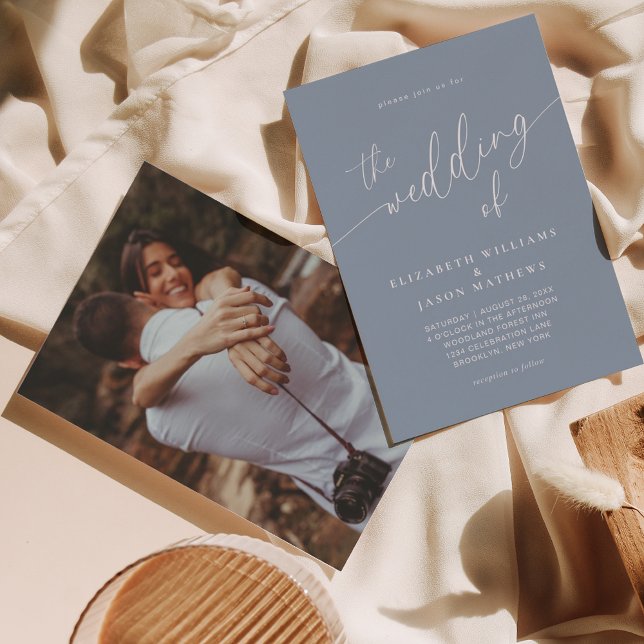 Simple Script Calligraphy Dusty Blue Photo Wedding Invitation (Creator Uploaded)