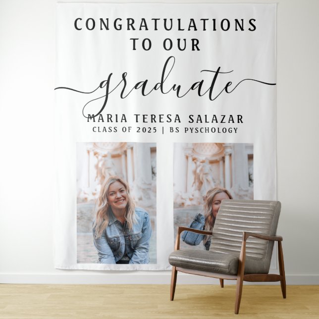 Simple Script Calligraphy Two Photo Graduation Tapestry (In Situ)