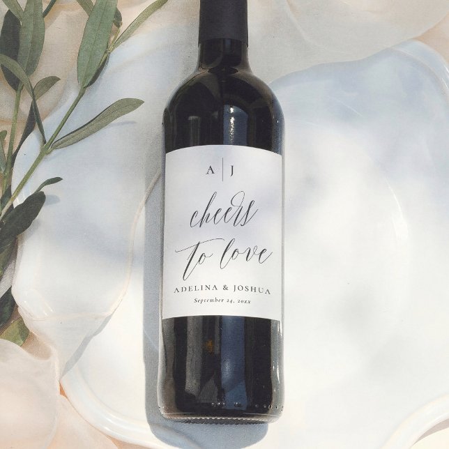 Simple Script Cheers To Love Monogram Wedding Wine Label (Creator Uploaded)