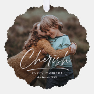 Simple Script Cherish 2 Photo Christmas Holiday Tree Decoration Card