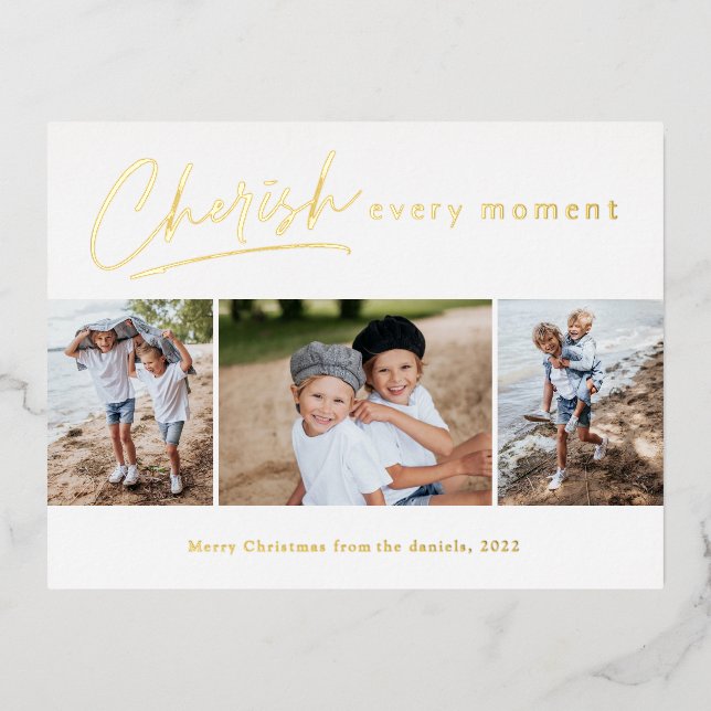 Simple Script Cherish Every Moment Photo Collage Foil Holiday Postcard (Front)