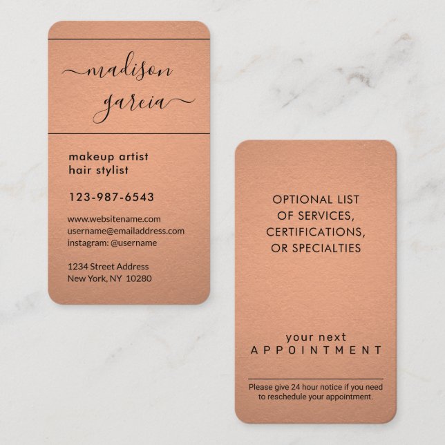 Simple Script Copper Faux Foil Elegant Vertical Appointment Card (Front/Back)